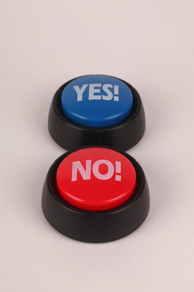 Two buttons, a blue one saying Yes and a red one sating No