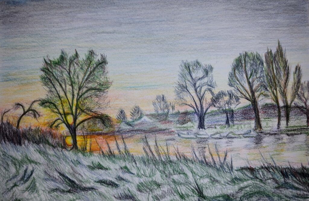 crayon sketch of river with trees