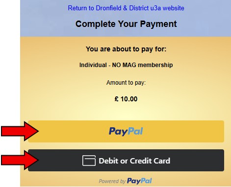 Screenshot showing the options to pay by debit or credit card or PayPal